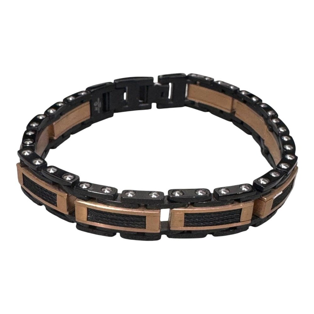 Mens Black Rose Gold Stainless Steel Cable Link Wire Accent Bracelet  8.5" Gift